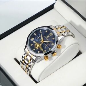 Men's Two-Tone Gold & Silver Stainless Steel Watch with Blue Dial